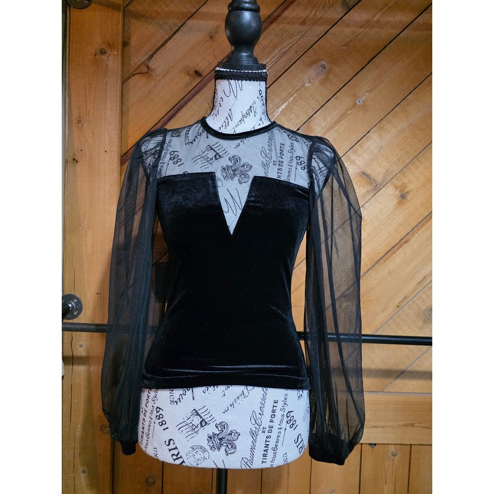 SHEIN Black Velvet Mesh‎ Long Sleeve Top Sheer Yoke V-Neck Blouse XS